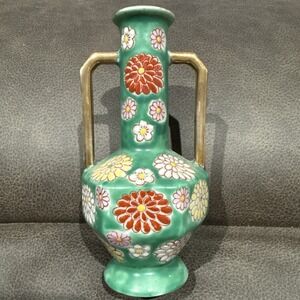 Vintage Miniature Hexagon Green Floral Double Handle Vase Made in Japan